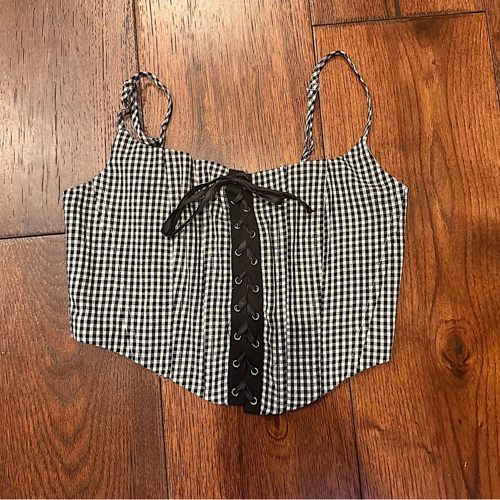 OVER KLESHAS WOMENS GINGHAM CORSET CROP TOP, SIZE SMALL, BLACK/WHITE